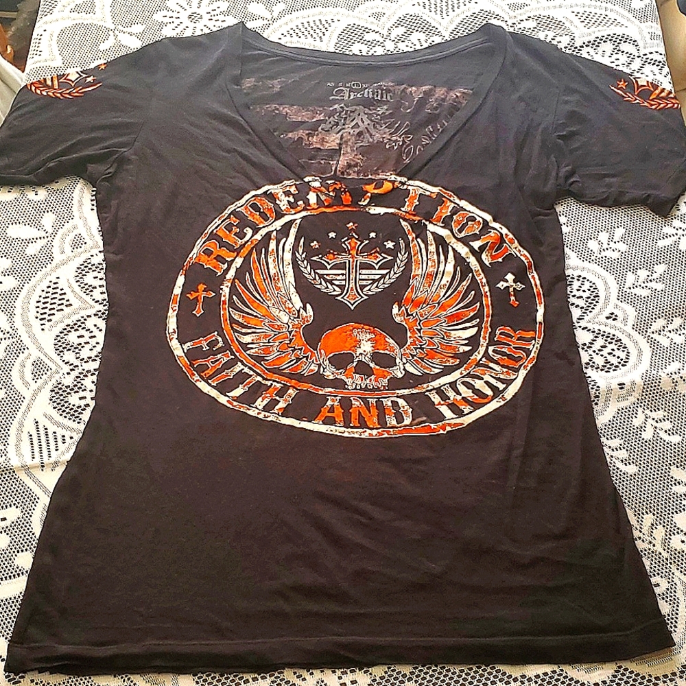Affliction, "Archaic" Black and Orange V-Neck Short Sleeve T-Shirt, Size Large